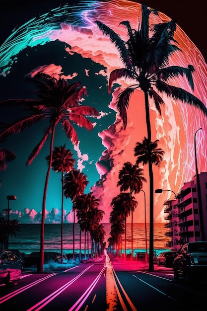 A photo of colorful city street scene with palm trees generative ai