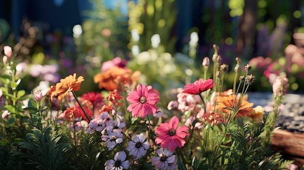 A photo of a colorful flower bed in a garden