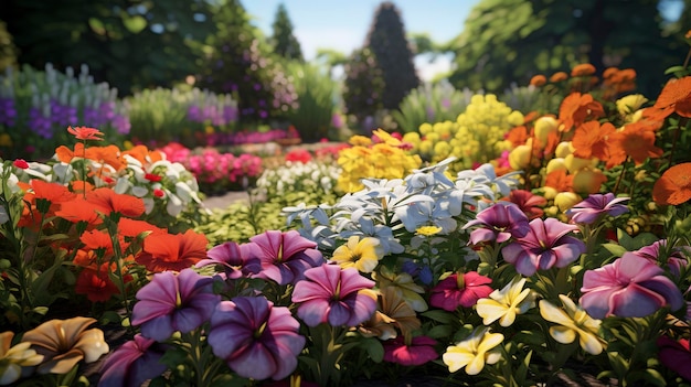 A photo of a colorful flower bed in a garden