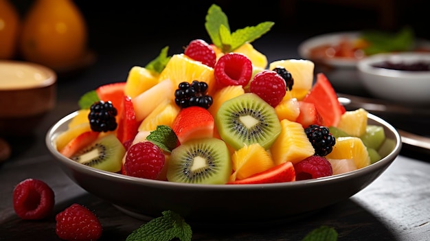 photo of a colorful fruit salad with a mint garnish