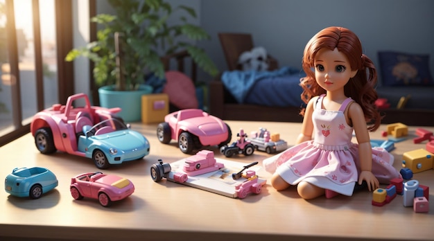 Photo of colorful girl toys on wooden table