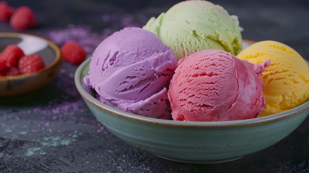 A photo of colorful ice cream scoops in a bowl