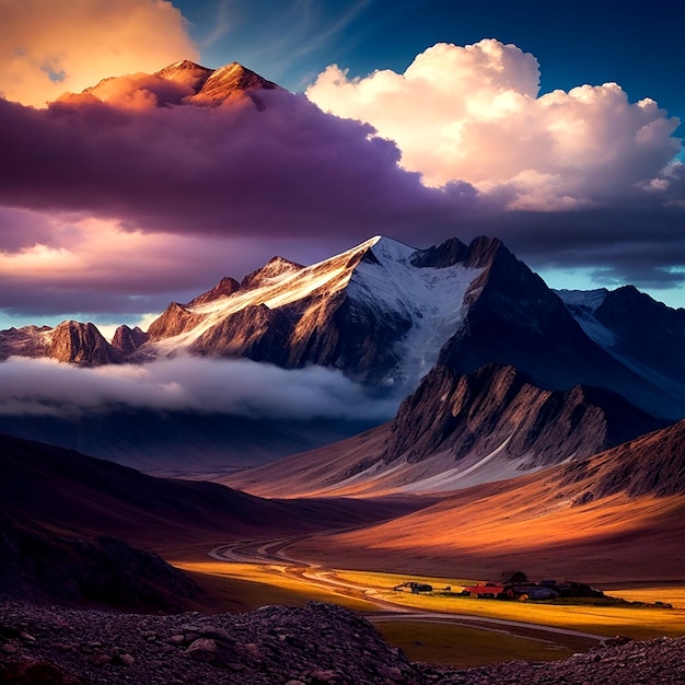 Photo a colorful landscape with a mountain and a sky with clouds ai generated