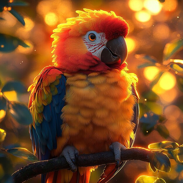 Photo photo of a colorful parrot perched on a branch tilting its head playfully with wide curious eyes