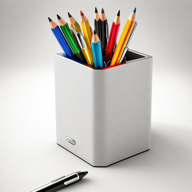 Photo A Colorful pencil holder with pencils in it and a pen on the sheet