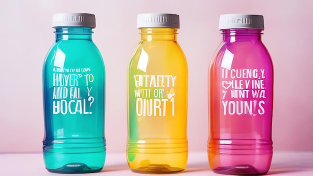 Photo photo of a colorful plastic water bottle set with motivational quotes on a pastel background