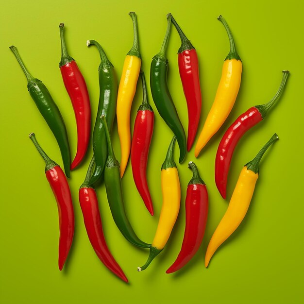 photo colorful spicy chili peppers isolated on red background hot green yellow and