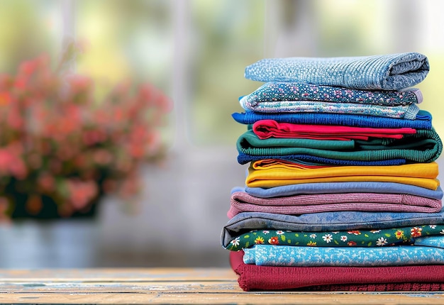 Photo of colorful stack of neat and tidy folded clothes and towels laundry clothes