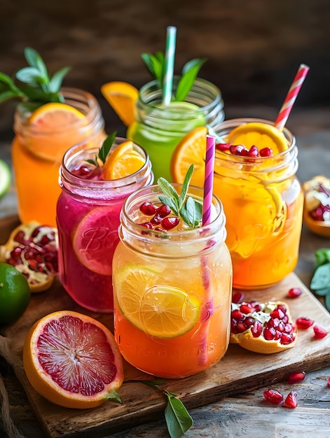 Photo photo of colorful summer beverages in mason jars