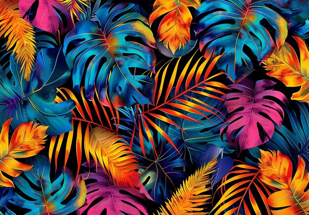 Photo of a colorful tropical jungle leaves seamless pattern background design