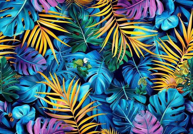 Photo of a colorful tropical jungle leaves seamless pattern background design