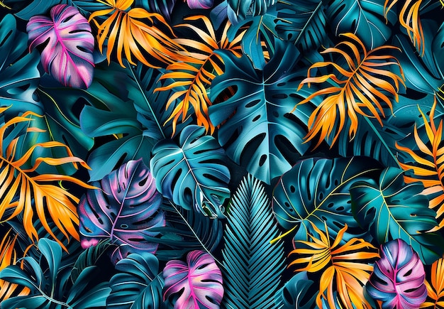 Photo of a colorful tropical jungle leaves seamless pattern background design