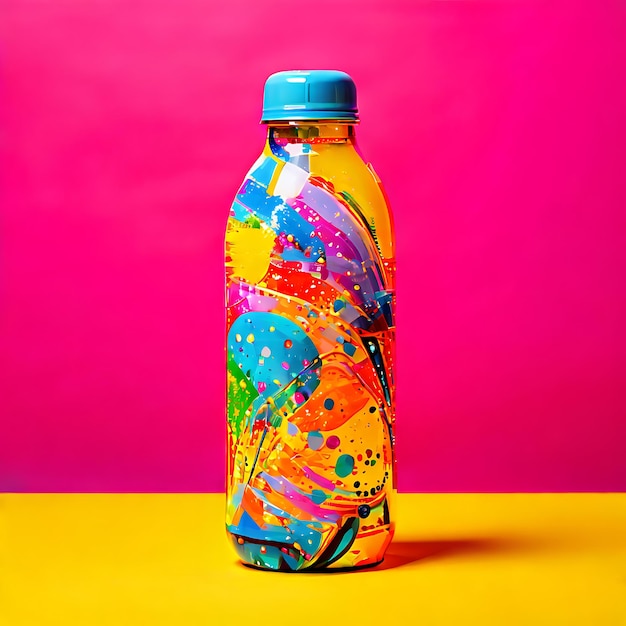 Photo photo of a colorful water bottle set with abstract patterns on a bright yellow background