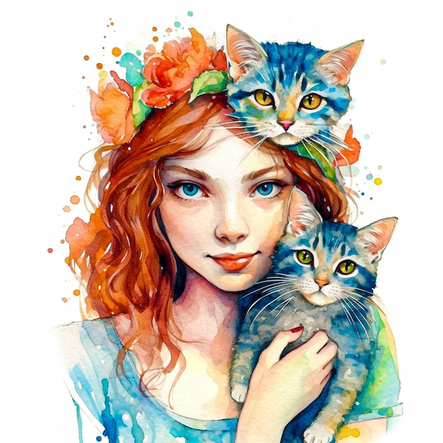 Photo a colorful watercolor cute girl with cat on white background