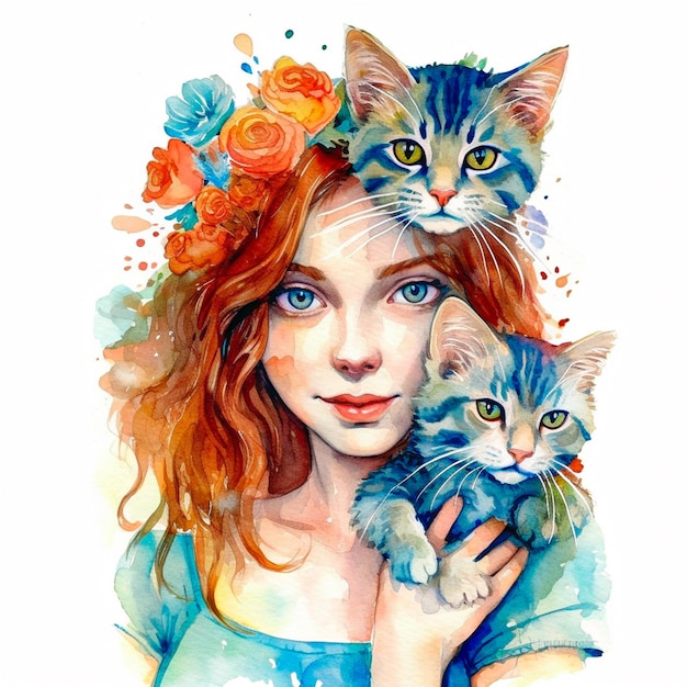 Photo a colorful watercolor cute girls with cat on white background