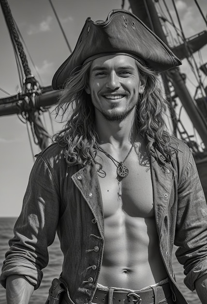 Photo photo coloring book page of a ghost pirate ship in grayscale