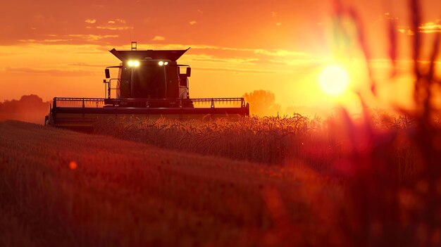 Photo a photo of a combine harvester during sunset