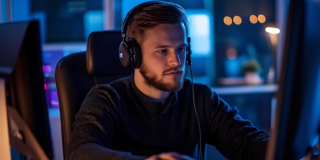 Photo of an companys manager facing forward sitting at a computer and receiving messages