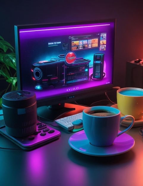 Photo computer and cup of tea on white desk