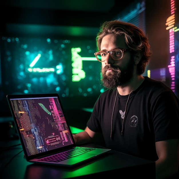 photo of Computer hacker with beard icon wearing a black tshirt in neon colored light