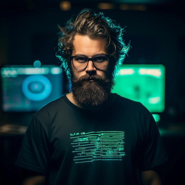 photo of Computer hacker with beard icon wearing a black tshirt in neon colored light