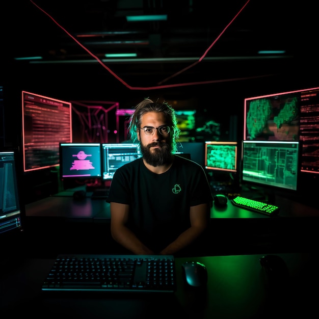 photo of Computer hacker with beard icon wearing a black tshirt in neon colored light