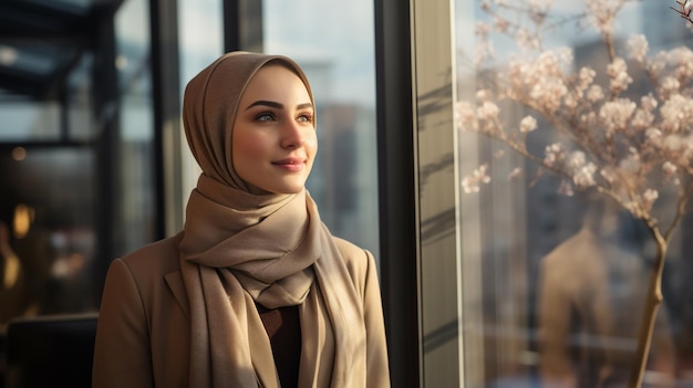 Photo photo of confidence beautiful muslim office women with hijab in modern office