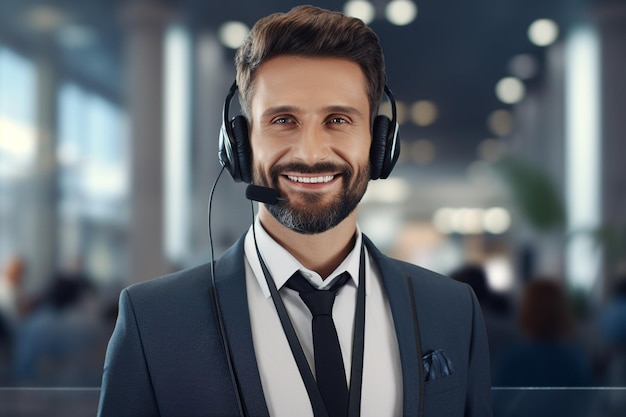 photo confident call center operator talking with client