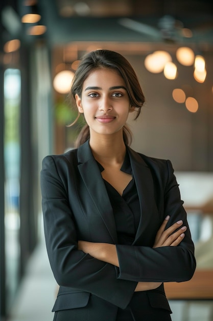 Photo of confident indian businesswoman standing with her arms crossed and smiling