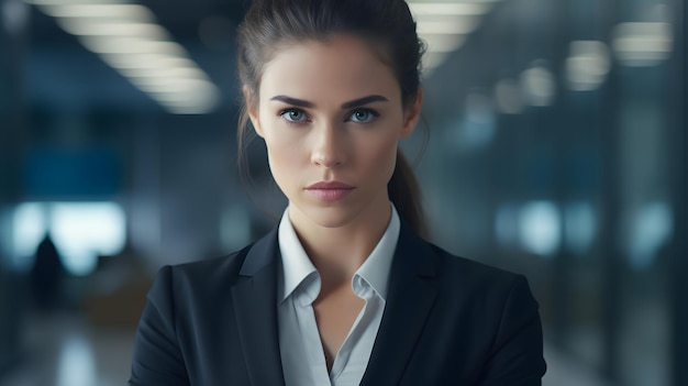 Photo of a confident woman in a professional business suit making eye contact with the camera