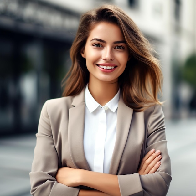 Photo of confident young beautiful businesswoman a realistic smiling business woman Generated AI