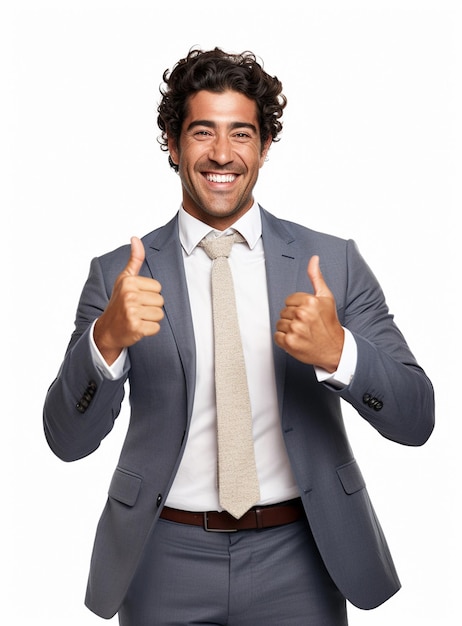 photo confident young businessman in suit standing with thumbs up