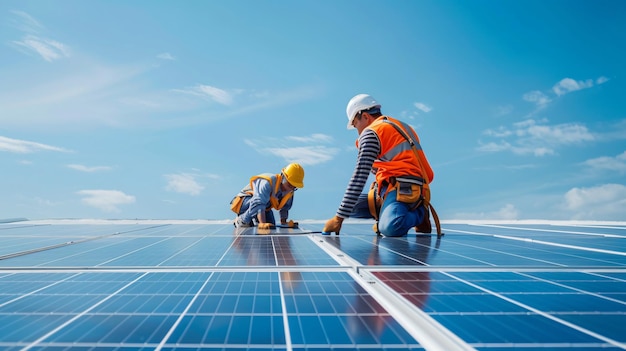 a photo of a construction worker and his crew working on a solar panel