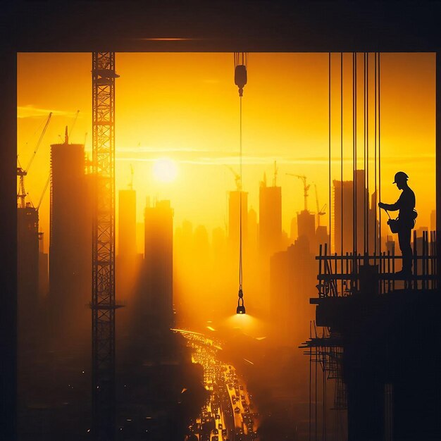 Photo photo construction workers at sunset