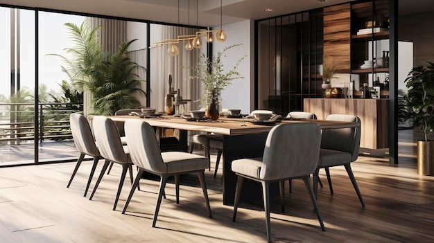 A photo of a contemporary dining room with a stylish table setting