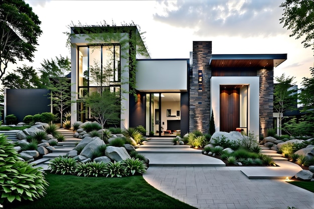 Photo of a contemporary home with a elegant stone pathway leading to the front entrance