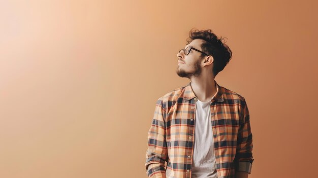 Photo of cool millennial guy index empty space wear plaid shirt isolated on beige co Generative AI