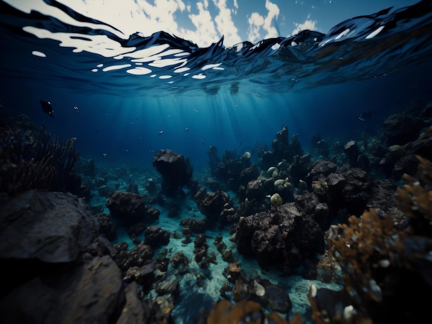 A photo of a coral reef with a blue sky and sun rays