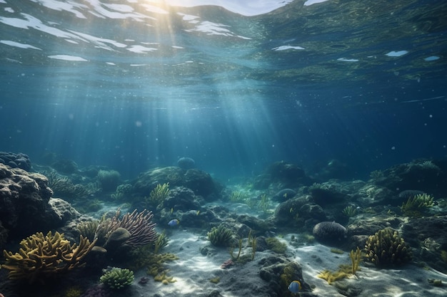 A photo of a coral reef with the sun shining on it