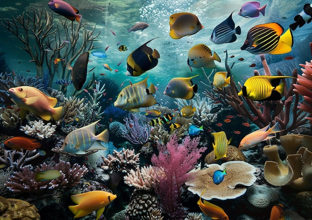 a photo of a coral reef with various tropical fish and corals