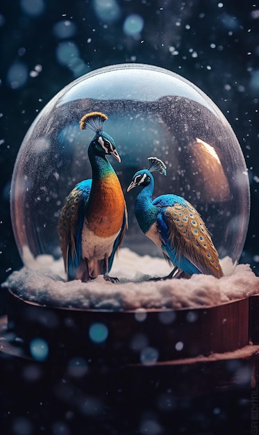 Photo couple of peacocks sitting on top of a snow globe generative ai