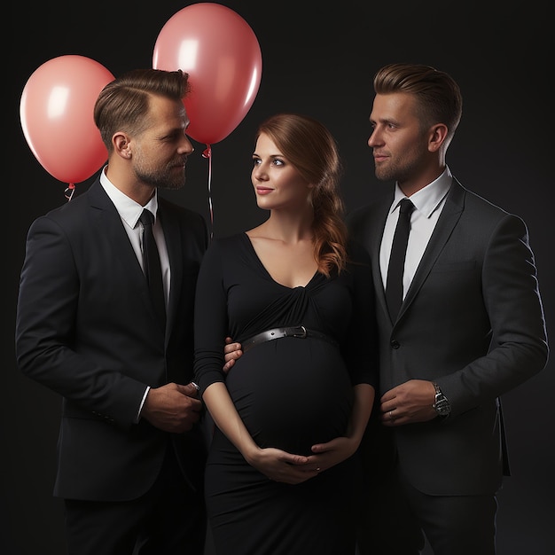 a photo of a couple and a pregnant woman with balloons and a man in a suit