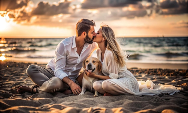 Photo of a couple with their pet on the beach in a romantic atmosphere