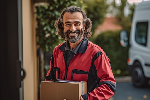 Photo of a courier delivering a package to a residential address Generative AI