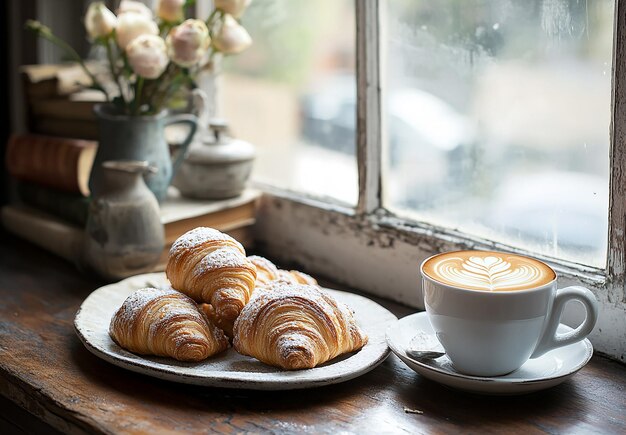 Photo photo of a cozy breakfast setting with croissants a cup of coffee and flowers by a window