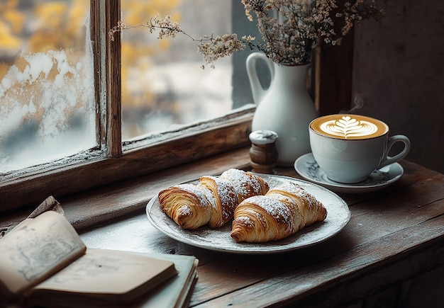 Photo photo of a cozy breakfast setting with croissants a cup of coffee and flowers by a window