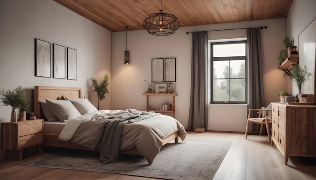 Photo cozy farmhouse bedroom interior minimalist interior of bedroom