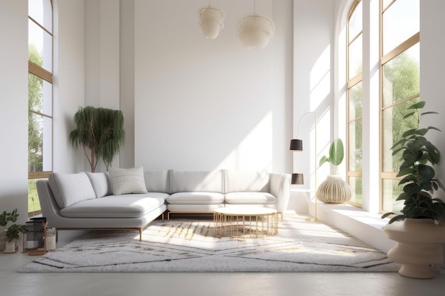 Photo of a cozy living room with a white couch and yellow accent pillows