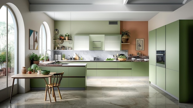 Photo of a cozy modern kitchen in warm colors and with kitchen utensils