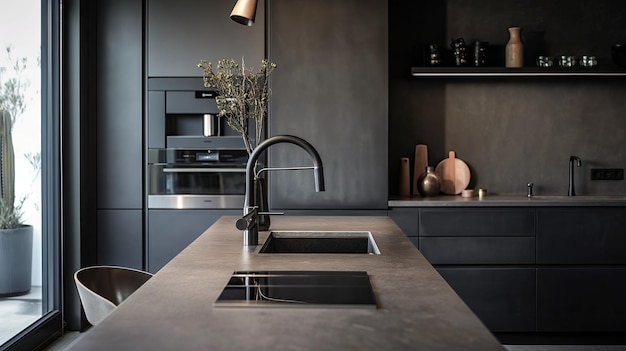 Photo of a cozy modern kitchen in warm colors and with kitchen utensils